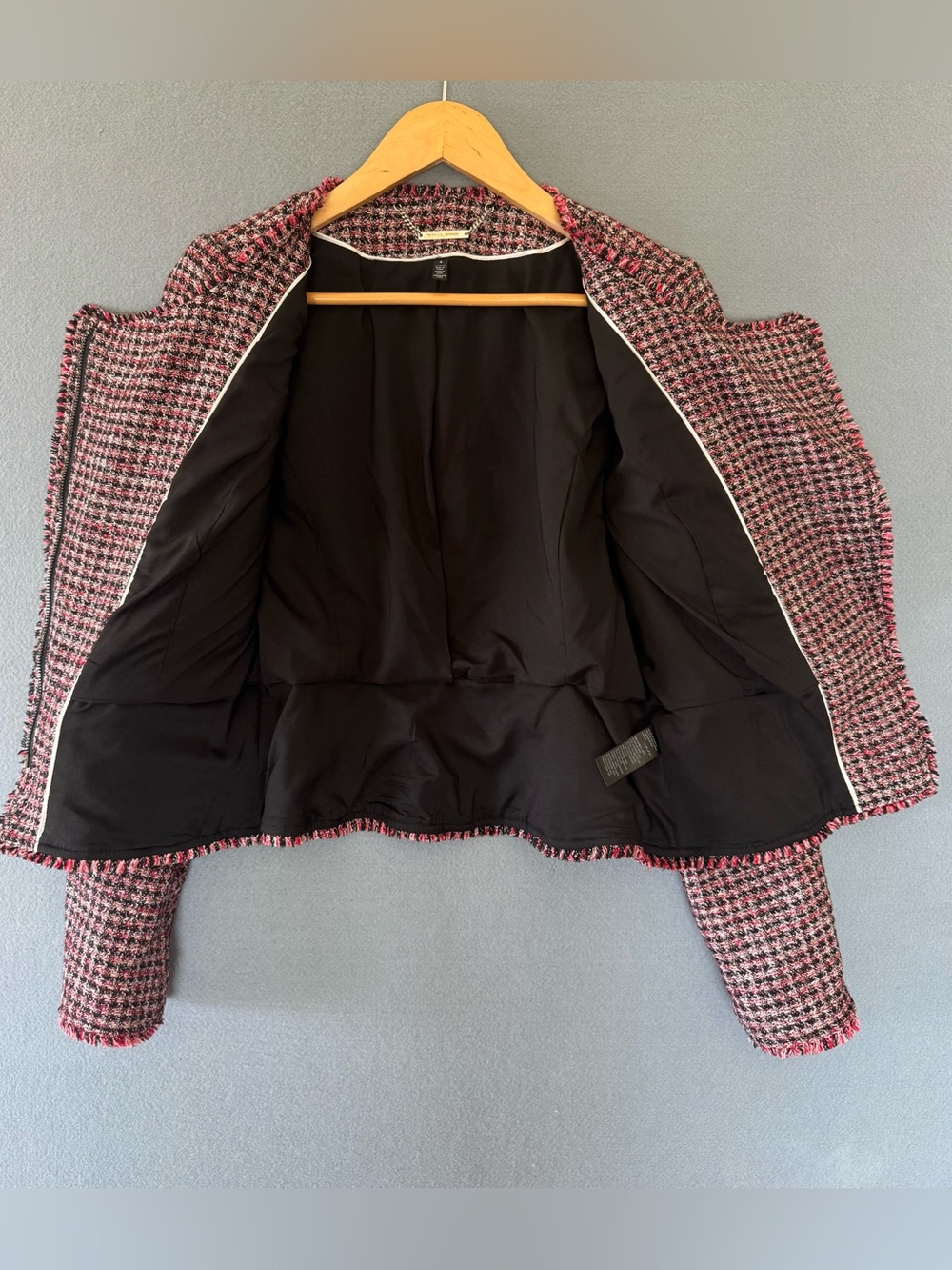 White House Black Market Womens 4 Tweed Moto Jacket Red Black Fringe Metallic - Picture 8 of 14